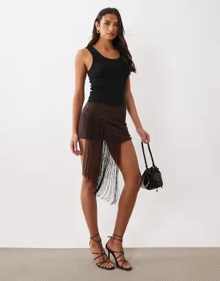 ASOS DESIGN fringe trim mini skirt in brown