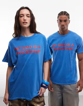 Reclaimed Vintage Unisex "my dad is a rockstar" slogan t-shirt in blue