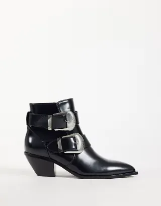 ASOS DESIGN Ruben boho buckle heeled ankle boots in black