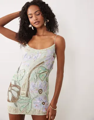 ASOS DESIGN bias cut double rouleaux strap artwork embellished mini dress in aqua