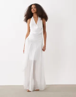 Fashionkilla exclusive chiffon halterneck cowl neck knot detail sheer hem maxi dress in white