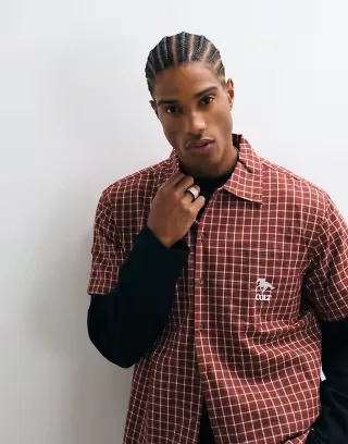 Colt grid boxy fit pocket logo button up shirt in red check