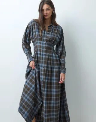 ASOS DESIGN Tall midi shirt dress with nipped waist in chocolate check