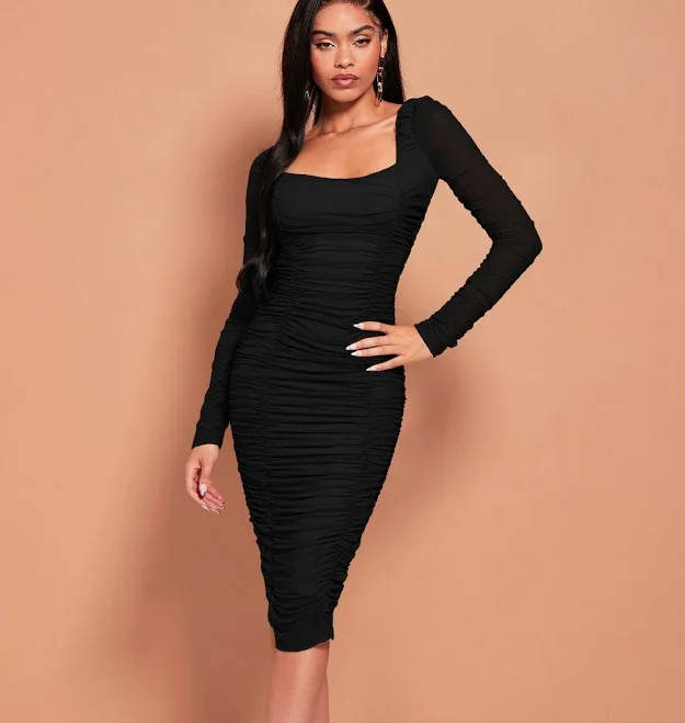 SHEIN Ruched Mesh Bodycon Dress