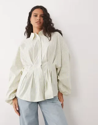 ASOS DESIGN pleated waist shirt in buttermilk striped print