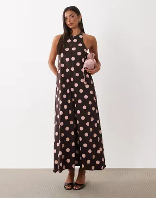 ASOS DESIGN polka dot trapeze midaxi dress in brown and pink