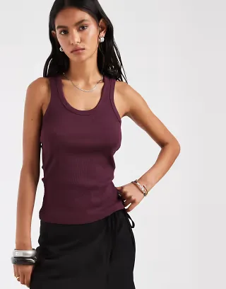 JJXX Frida ribbed tank top in deep burgundy