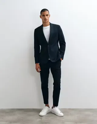 ASOS DESIGN pinstriped slim suit set in navy