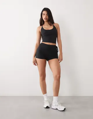 4505 Hourglass soft touch high rise 3 inch booty shorts with tie waist detail in black