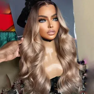 36 Inch Ash Blonde 13x4 HD Transparent Lace Front Human Hair Wig, Body Wave and Water Wave, Glueless Wear-and-Go Style f