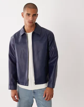 ASOS DESIGN faux leather harrington jacket in navy