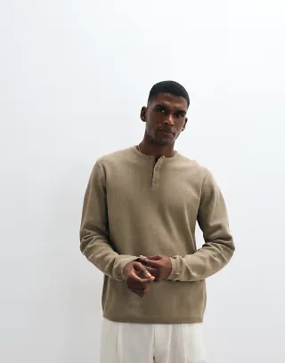 ASOS DESIGN knit relaxed long sleeve henley in beige