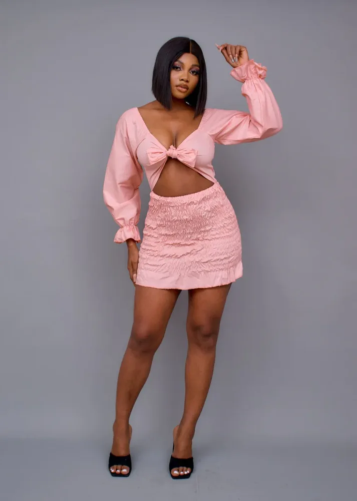 TIE BUST ELASTIC DOWN MINI DRESS