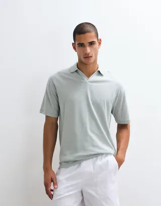 ASOS DESIGN relaxed polo with johnny collar in light green with linen