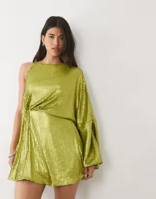 ASOS DESIGN sequined one sleeve draped mini dress in olive green