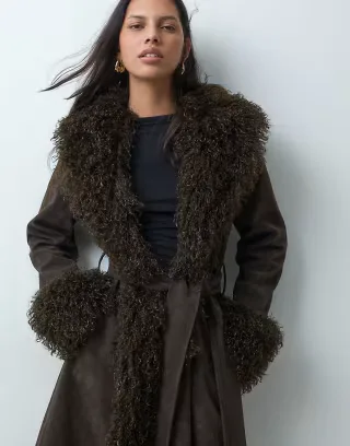 Kaiia exclusive faux fur trim penny lane maxi coat in chocolate