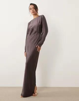 ASOS DESIGN satin batwing maxi dress in brown