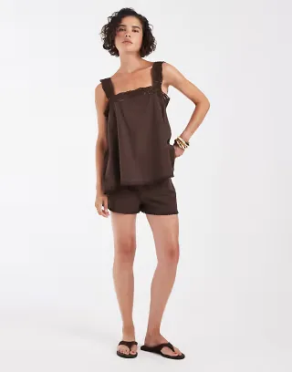 ASOS DESIGN cotton effect pull on lace trim shorts in chocolate brown - part of a set