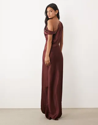 JW PEI Exclusive satin draped one-shoulder aysmmetric satin maxi dress in burgundy