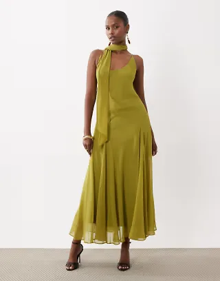 ASOS DESIGN scoop neck maxi dress with godet hem and scarf in olive green