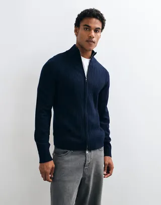 Selected 100% merino wool zip-up sweater in navy