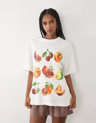 ASOS DESIGN oversized t-shirt with painted fruit graphics in cream