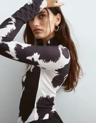 ARRANGE premium mesh printed long sleeve top in cow print