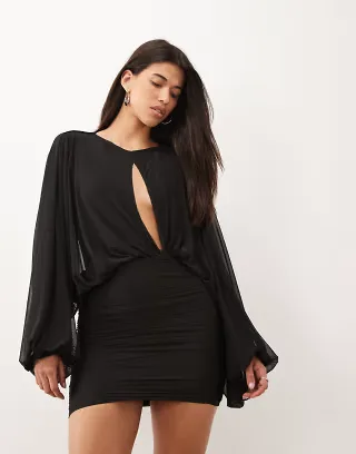 ASOS DESIGN mesh mini dress with blouson sleeve and cut out in black
