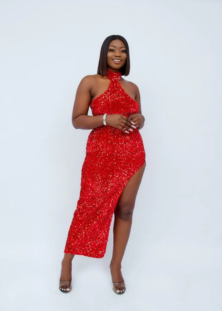 SEQUIN HALTERNECK SIDE SLIT DRESS