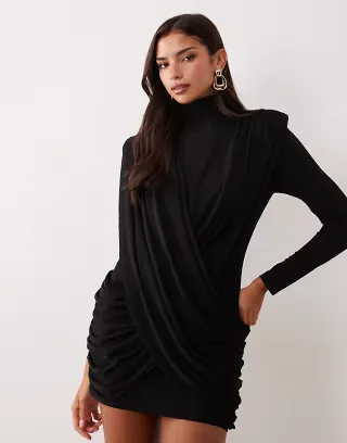 Ruched & Ready On My Level sculpted plunge neck drape front mini dress in black