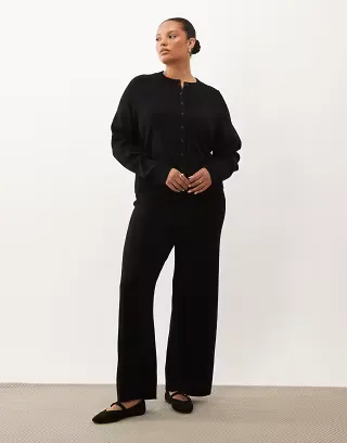 ASOS DESIGN Curve compact knit boxy cardigan & straight leg pants set in black