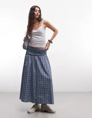 COLLUSION channeled waistband maxi skirt in blue plaid