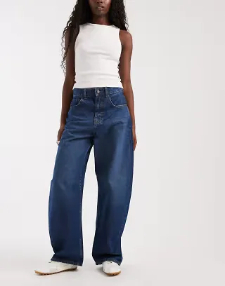 ASOS DESIGN high waist barrel leg jeans in dark wash blue