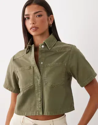 ASOS DESIGN denim cropped shirt in khaki green