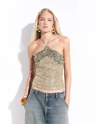 ASOS DESIGN halter neck embellished sequin cami in gold