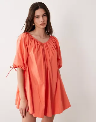 ASOS DESIGN scoop neck poplin mini dress with tie sleeves in coral