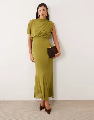 ASOS DESIGN one sleeve drape bodice maxi dress in green