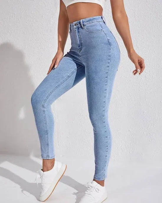 SHEIN Light Wash High Waist Skinny Jeans Women's Baggy Wide Leg Flared Bootcut Denim Y2K Casual Plain Fit Pants Trousers