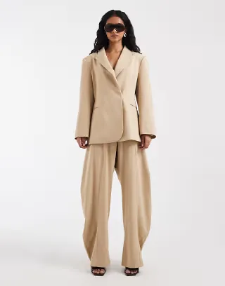 ASOS DESIGN horse shoe stacked tailored pants in stone - part of a set