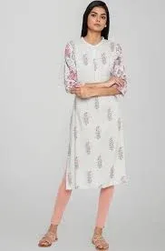 W for Woman Women Viscose Straight Fit Printed Mandarin Collar Straight Kurta