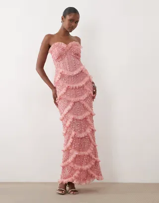 ASOS LUXE gem embellished bandeau maxi dress with scallop hem in pink