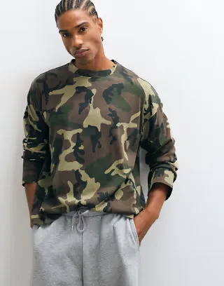 Weekday oversized long sleeve t-shirt in camo print