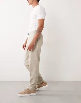 ASOS DESIGN linen smart tapered pants in stone pinstripe with elasticated waist