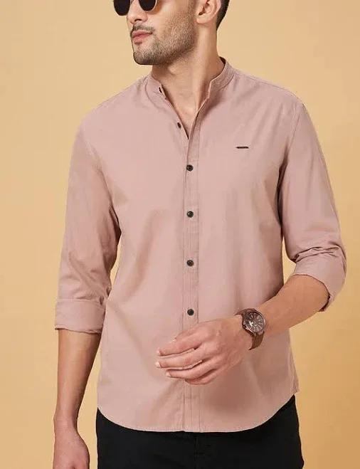 People Pink Solid Casual Full Sleeves Mandarin Collar Men Slim Fit Casual Shirts