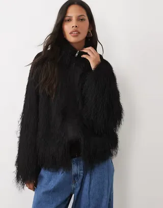 ASOS DESIGN fluffy bomber jacket in black