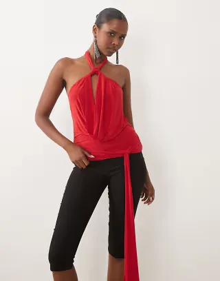 ASOS DESIGN slinky halter cowl neck draped sash top in red