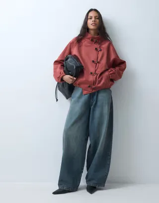 ASOS DESIGN satin jacket with side buttons in wine