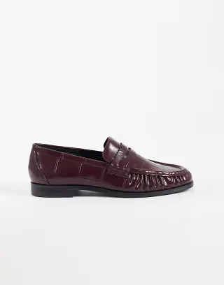 ASOS DESIGN Wide Fit Minnie ruched detailing loafers in burgundy croc