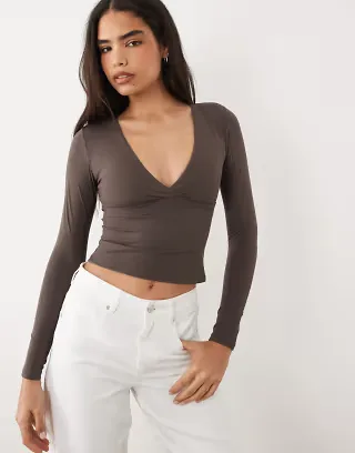 TALA DayFlex v-neck long sleeve top in mocha brown