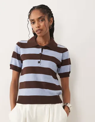 Threadbare short sleeve knit polo top in blue and brown